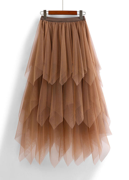 Chocolate Asymmetric Design Elastic Waist Tulle Skirts Spring