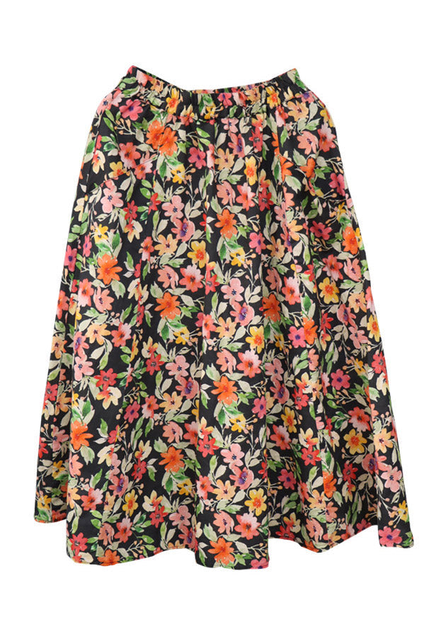 Natural Black Print Elastic Waist Linen a Line Skirt