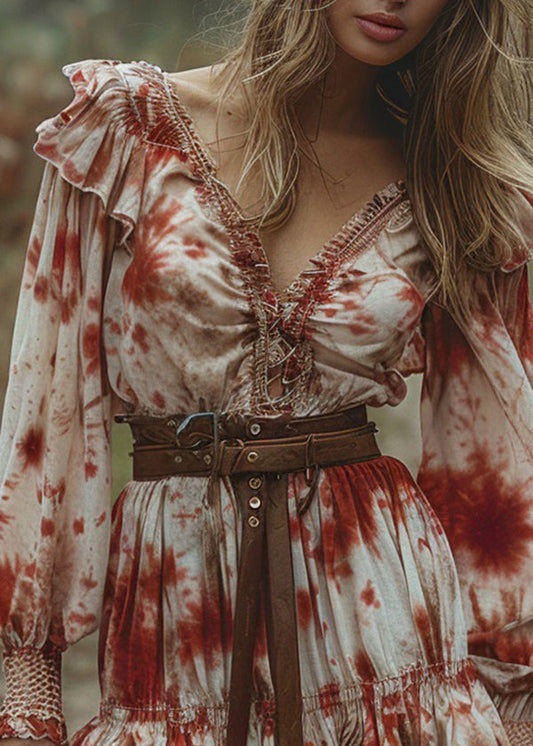 V Neck Ruffled Tie Dye Cotton Mini Dress Long Sleeve