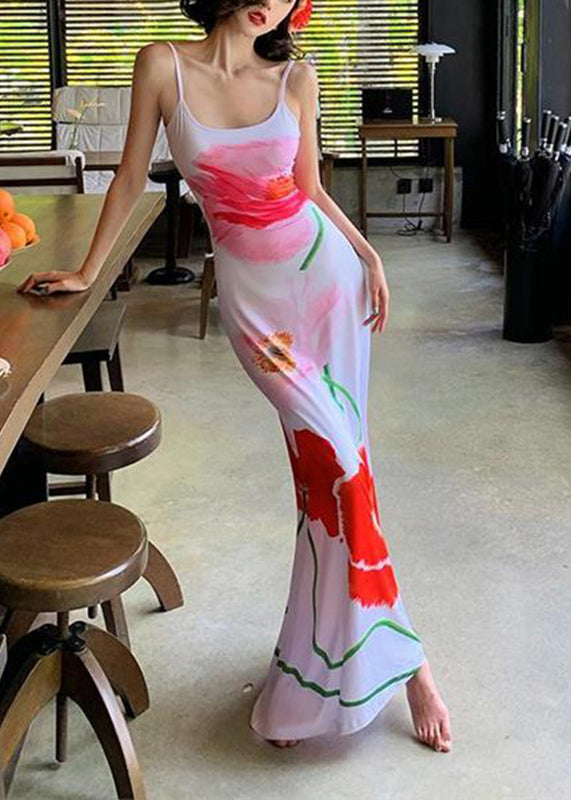 White Print Silk Maxi Spaghetti Strap Dress Sleeveless