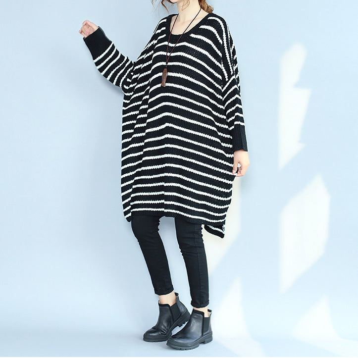 Black Cozy Sweater Dresses Low High O Neck Knit Pullover Dress