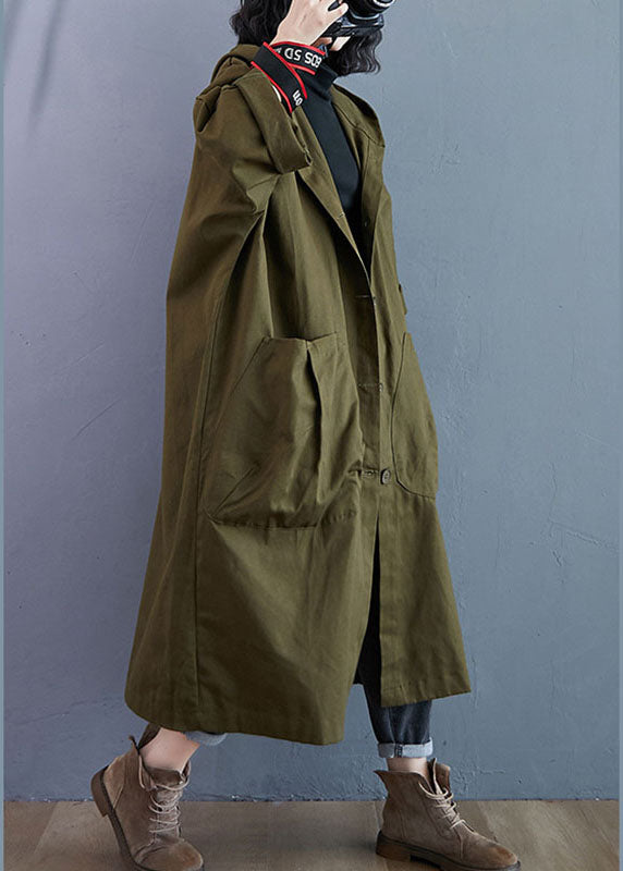 Army Green Pockets Button Fall Hooded Long Sleeve Trench Coats