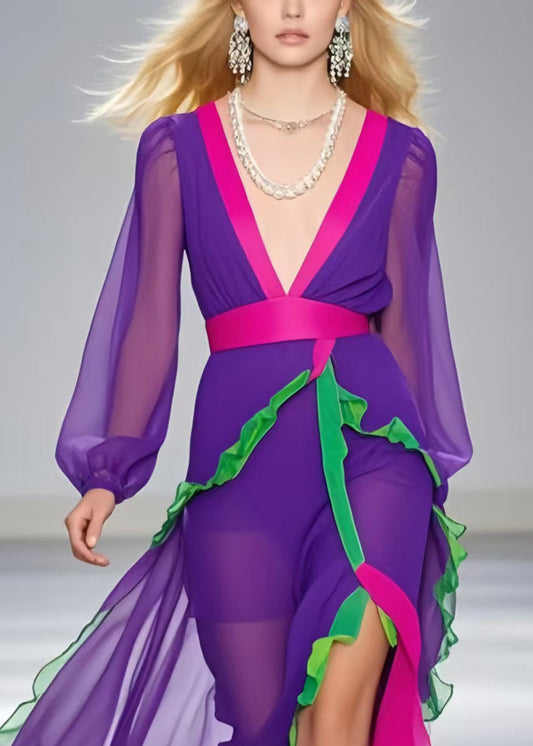 Purple Asymmetrical Patchwork Ruffled Chiffon Sundress