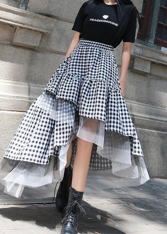 Black White Plaid Ruffles Patchwork Lace Skirt Summer