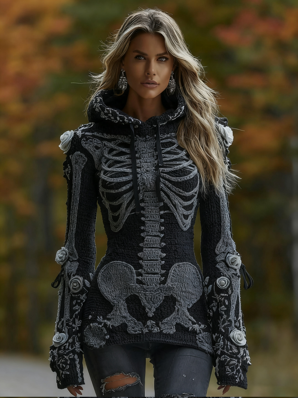 Women's Halloween Skeleton Bones With Roses Art Knitted Warm Hooded Sweater artswardrobe