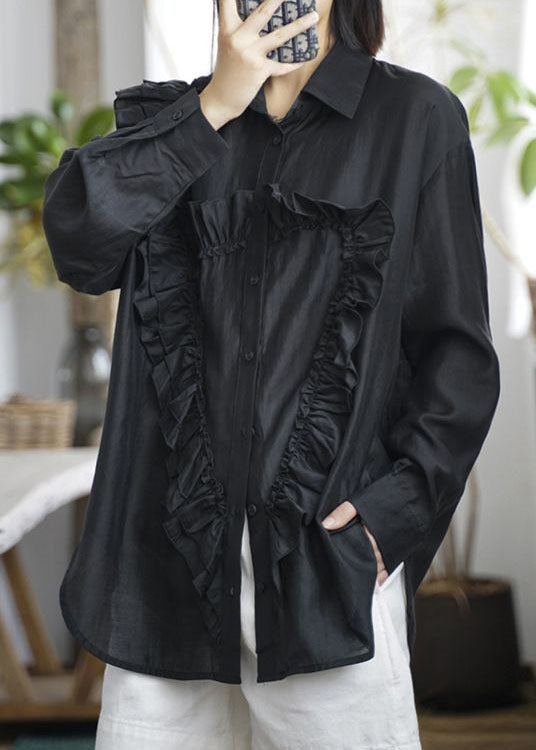 Black Peter Pan Collar Ruffled Patchwork Cotton Shirt Tops Fall