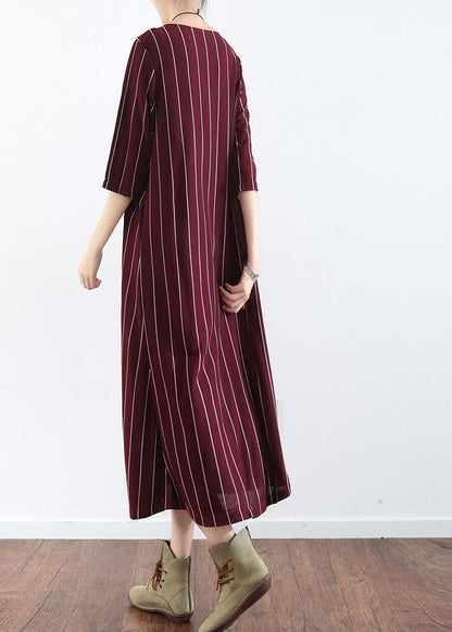 100% Burgundy Cotton Clothes for Catwalk Striped Dresses Summer Dresses
