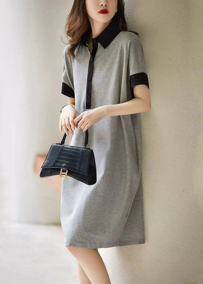Grey Peter Pan Collar Button Patchwork Cotton Dress Summer