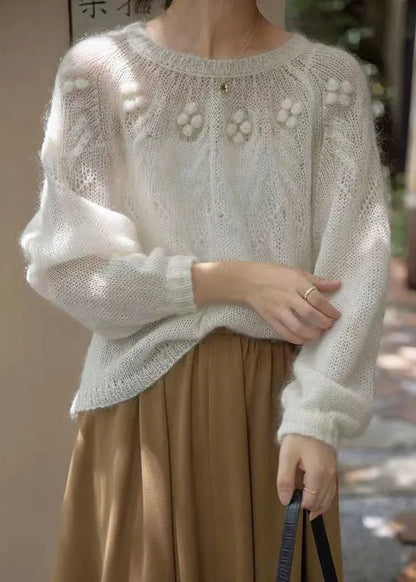 French White O Neck Hollow Out Patchwork Knit Sweaters Long Sleeve