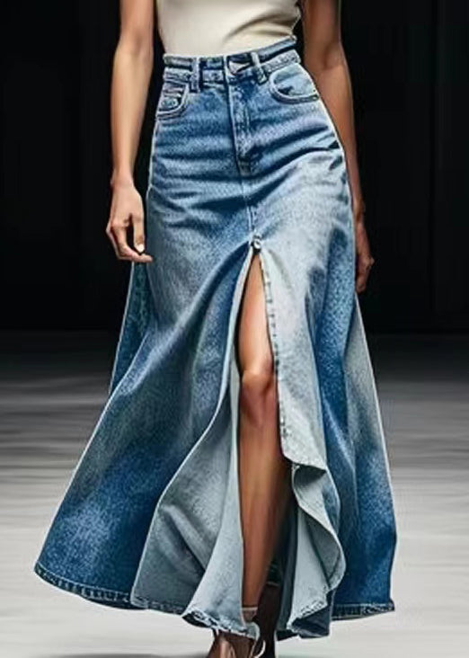 Blue Pockets Side Open Denim Maxi Skirts Summer