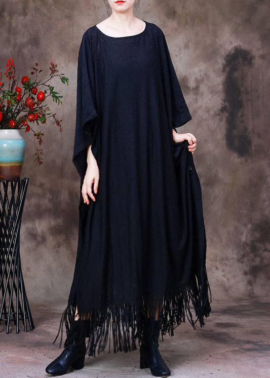 Style Black O-neck Tassel Maxi Dress Long Sleeve