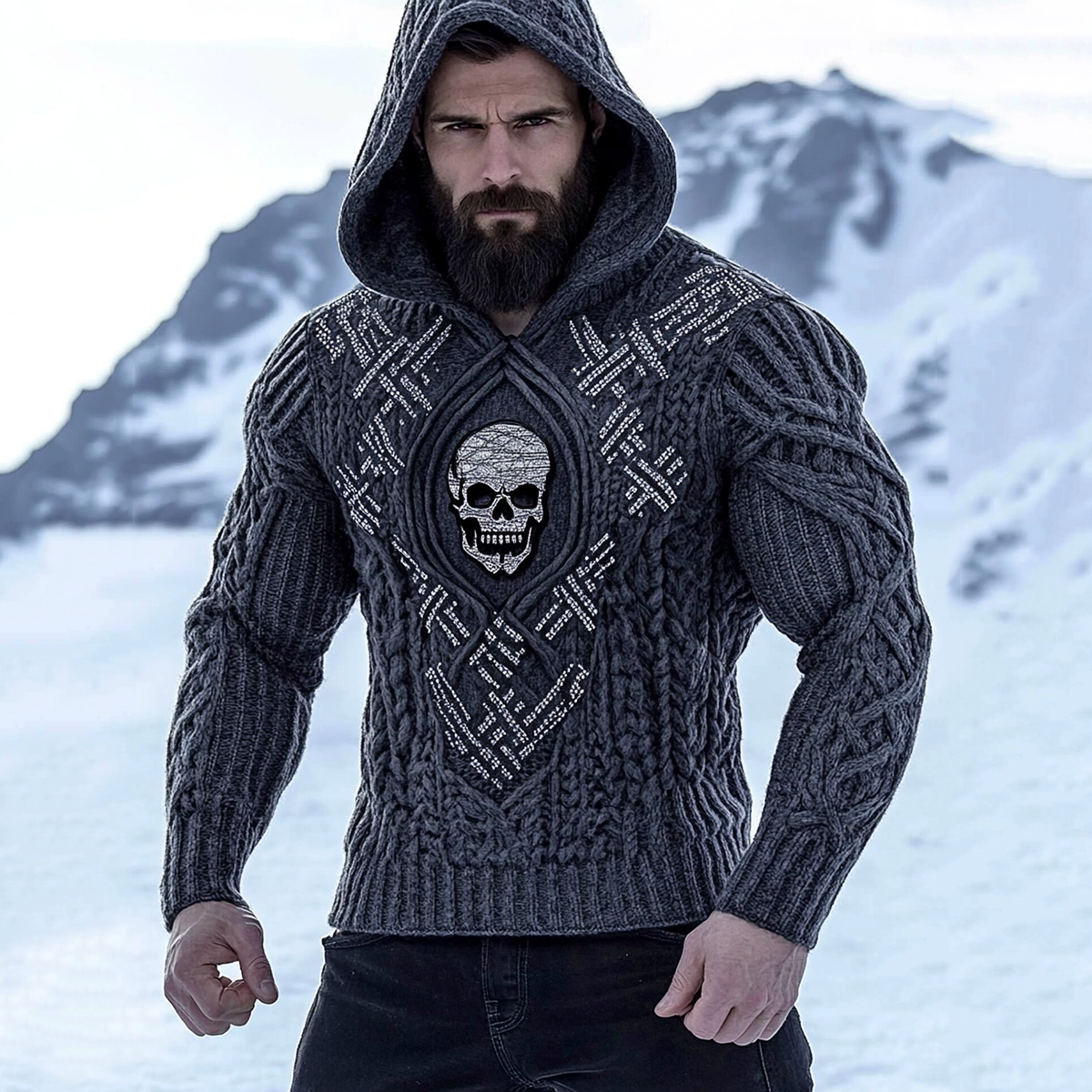Men's Viking Tribal Celtic Skull Knit Cozy Hooded Sweater artswardrobe