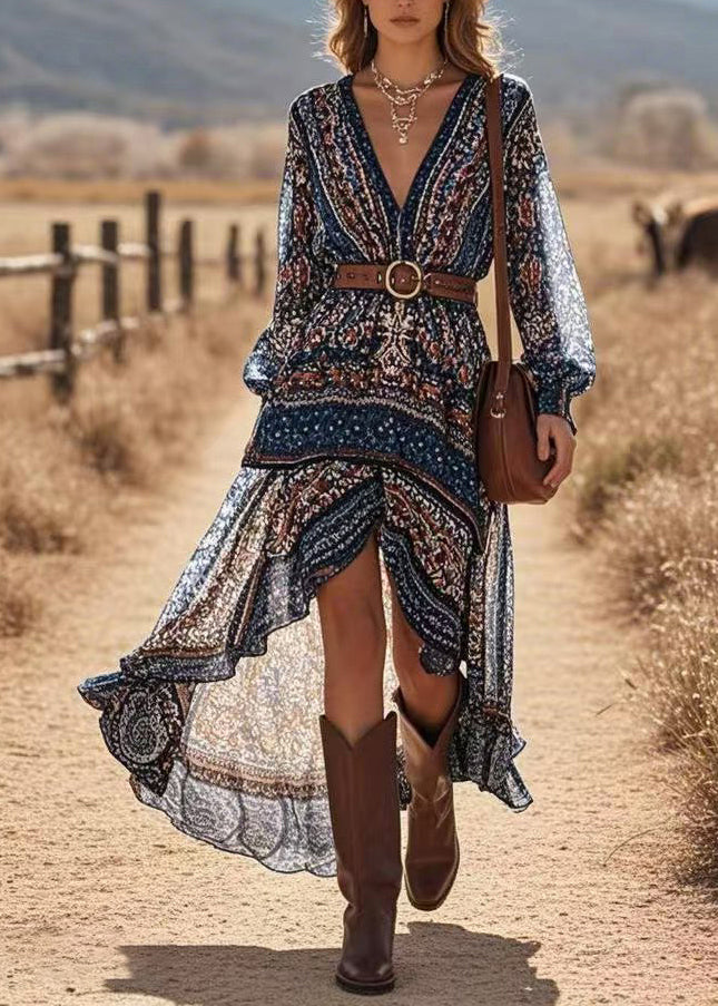 Navy Print Low High Design Vacation Long Dresses Lantern Sleeve