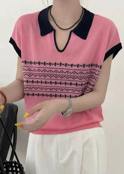 White Peter Pan Collar Print Knit Top Summer