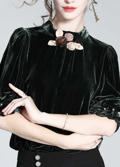 Blackish Green Stand Collar Silk Velour Top Short Sleeve