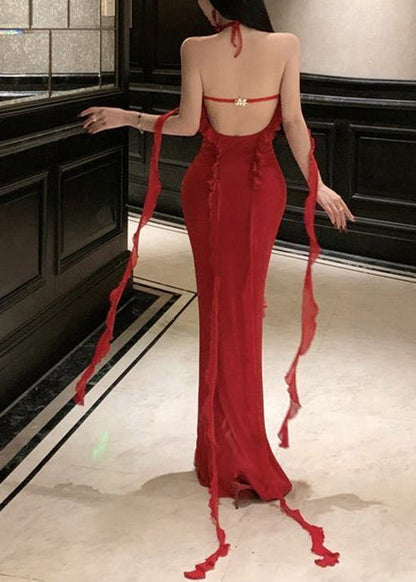 Boutique Red Ruffled Halter Backless Long Dress Summer