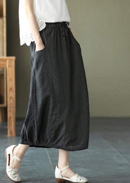 Handmade Khaki Tie Waist Patchwork Summer a Line Skirt Linen