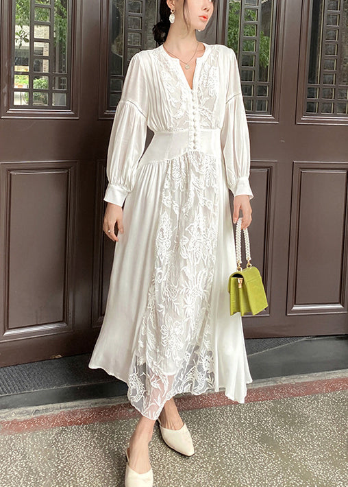 White V Neck Embroidered Lace Up Cotton Long Dresses Fall