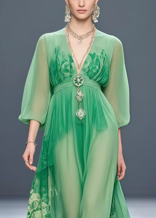 Grass Green Cinched Print Chiffon Robe Dresses Spring