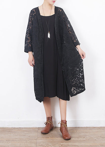French Black Lace Clothes for Omychic Work Outfits V Neck Loose Summer Hollow Out Cardigan