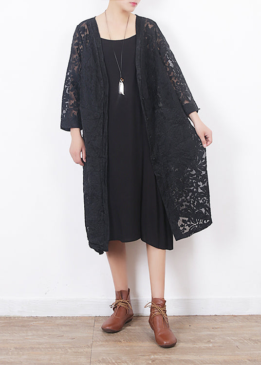 French Black Lace Clothes for Omychic Work Outfits V Neck Loose Summer Hollow Out Cardigan
