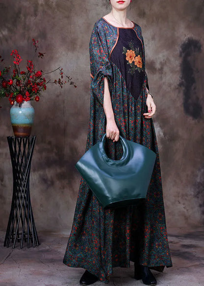 Green O-neck Patchwork Print Exra Large Hem Silk Maxi Dresses Long Sleeve
