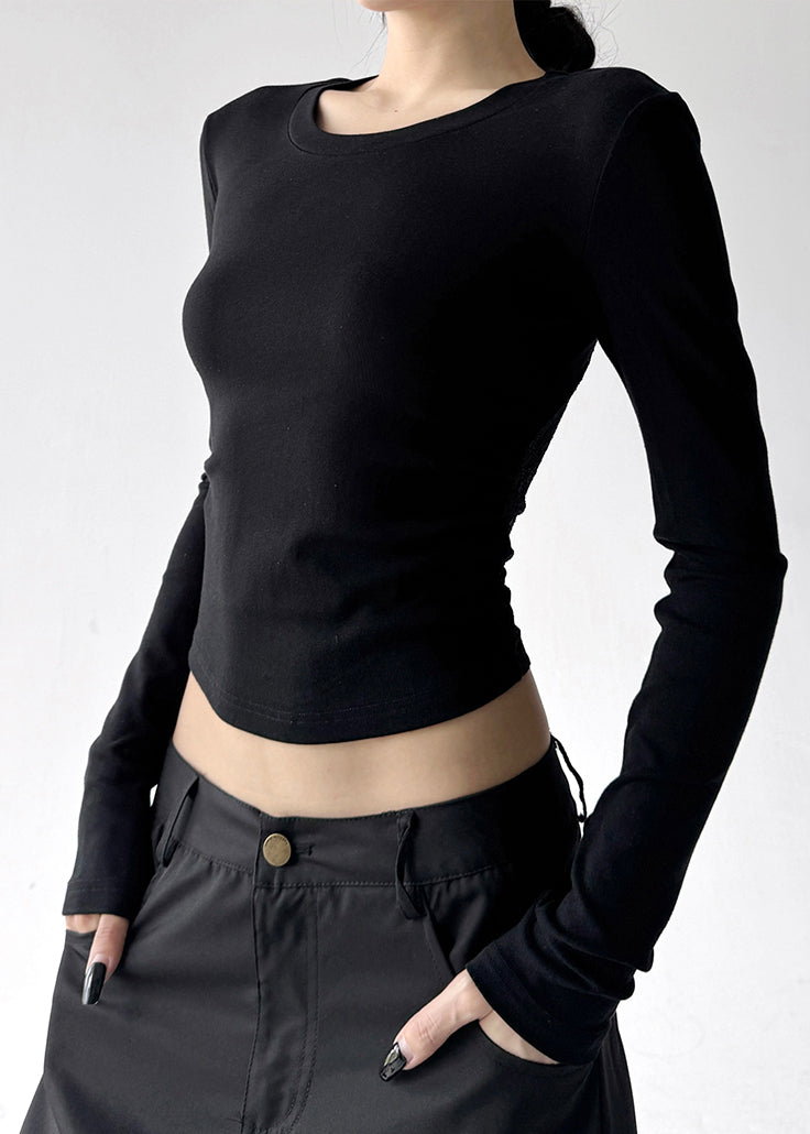 Black O Neck Lace Patchwork Cotton T Shirts Fall