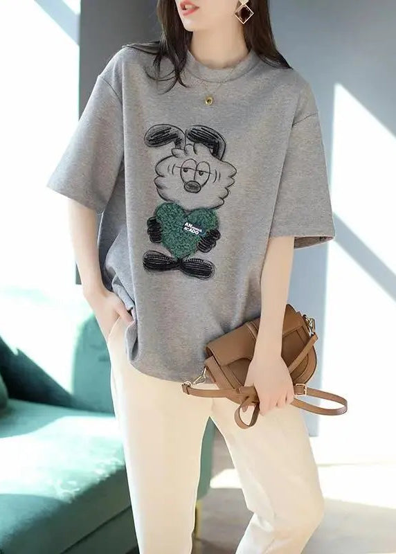 Grey O Neck Print Patchwork Cotton T Shirt Summer