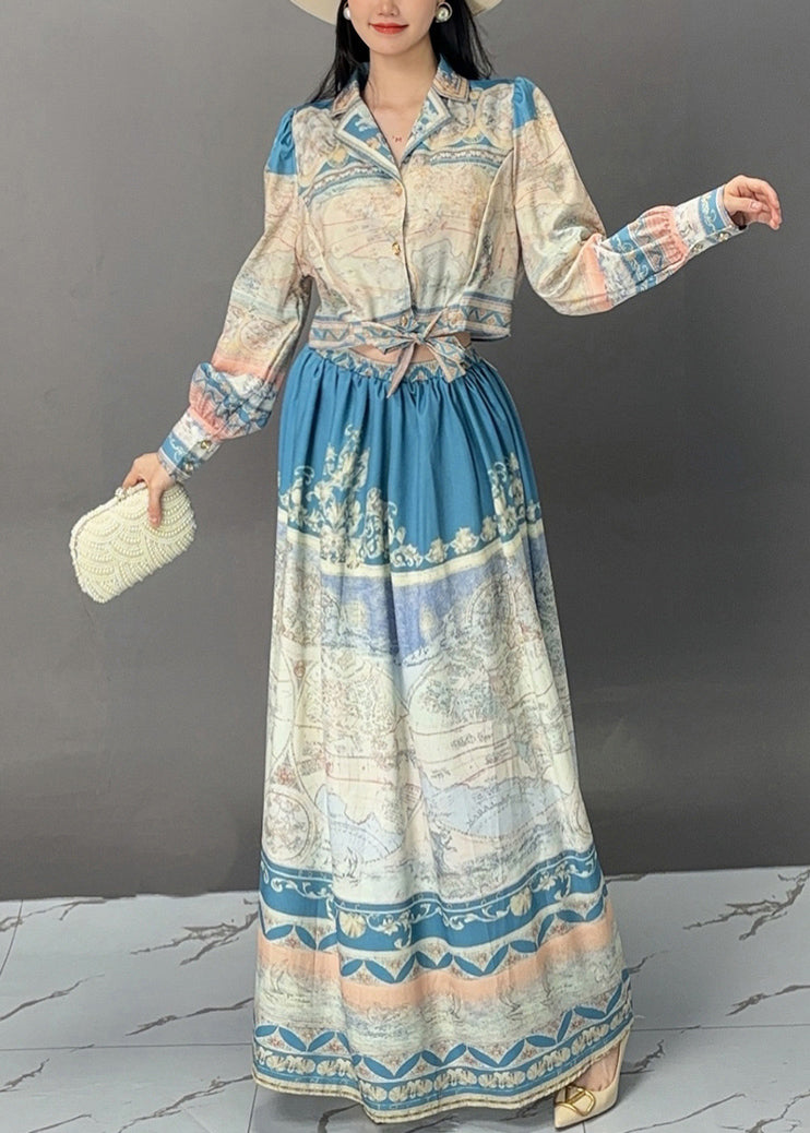 French Blue Print Tops and Skirts Cotton Two Pieces Set Fall