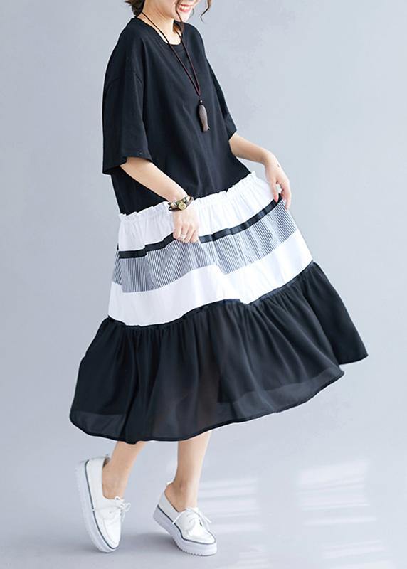 Black Patchwork Cotton Tunics for O Neck Long Summer Dress