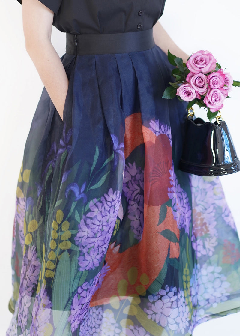 Blue Print Wrinkled Tulle Maxi Skirt