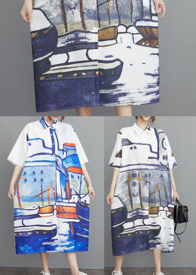 Grey Print Cotton Shirt Dresses Oversized Summer