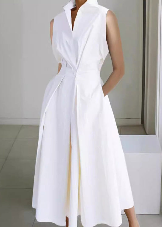 Loose White Button Pockets Cotton Long Dress Sleeveless