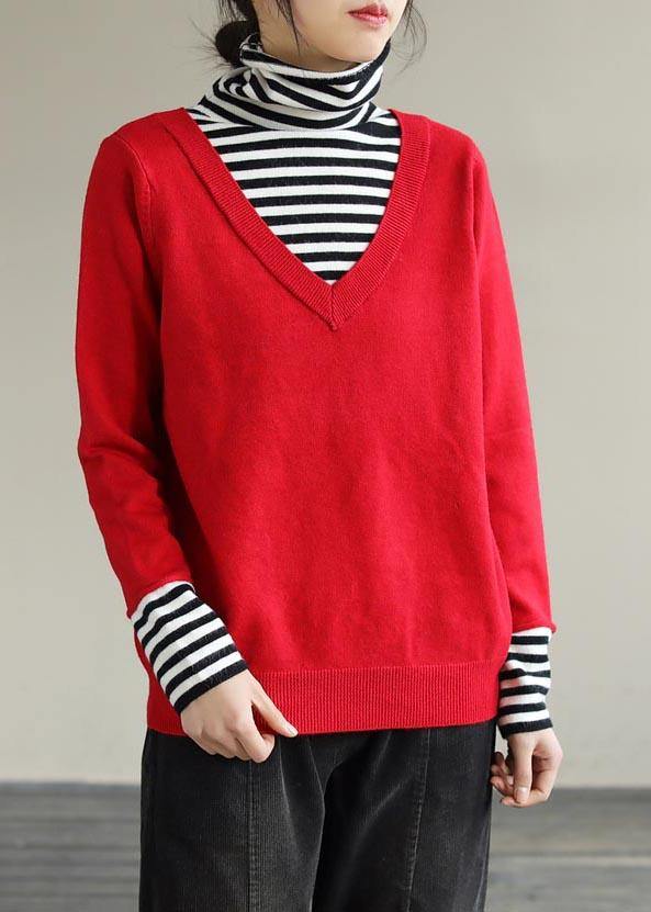 Cozy Red Sweaters Patchwork High Neck Blouse