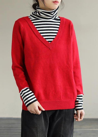 Cozy Red Sweaters Patchwork High Neck Blouse