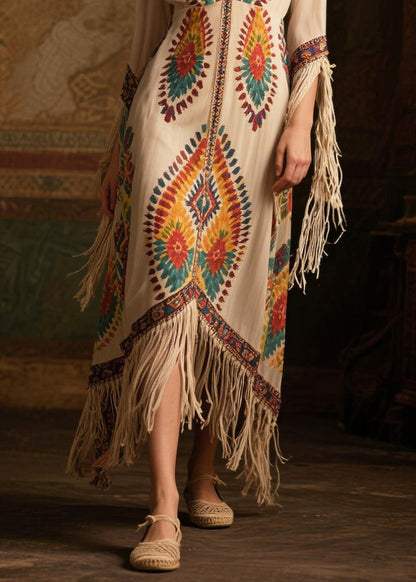 Beige Tasseled Print Chiffon Maxi Dresses Summer