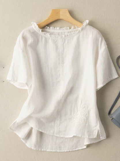 Embroidered Round Neck Short Sleeve Linen Tee Top