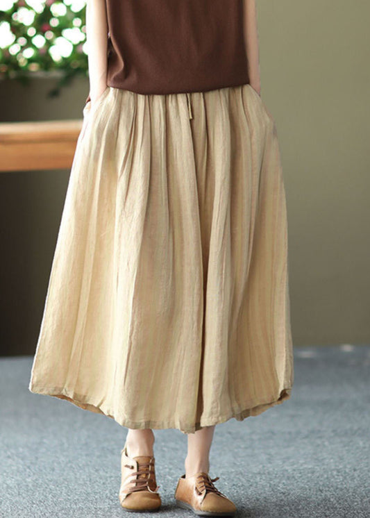 Khaki Drawstring Pockets Linen a Line Skirts Summer