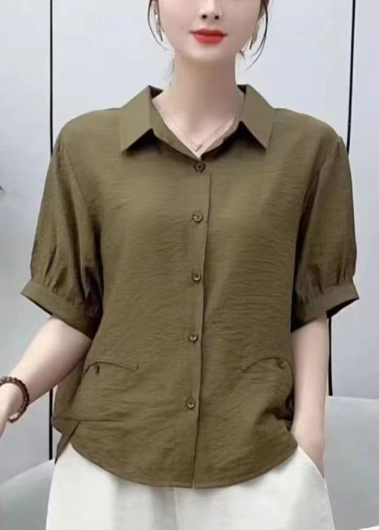 Red Peter Pan Collar Low High Design Silk Shirt Short Sleeve