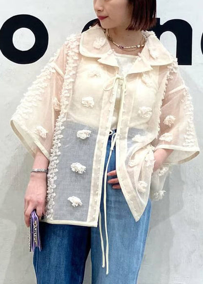 French Beige Oversized Jacquard Sheer Shirt Top Summer