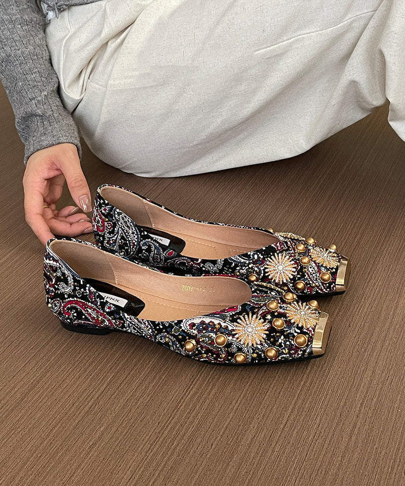 French Splicing Flat Feet Shoes Black Nail Bead Zircon