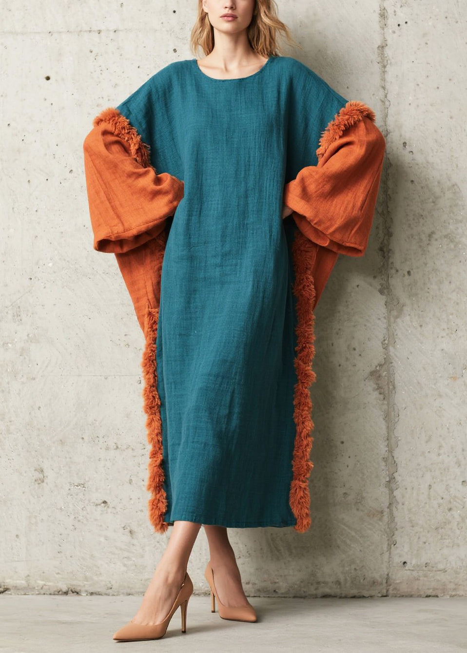 Peacock Blue Oversized Patchwork Faux Fur Dresses Fall