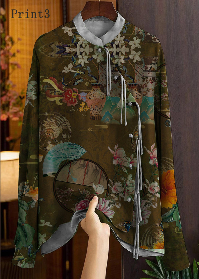 Green Mandarin Collar Button Print Silk Shirt Top Spring