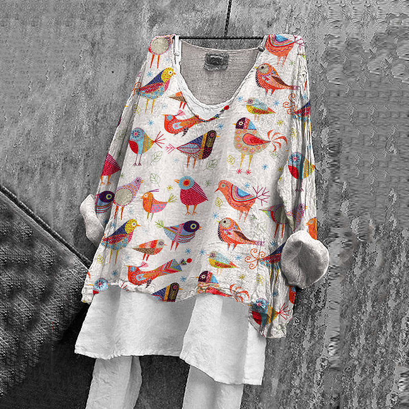 Women's Vintage Floral Bird Pattern Comfort Shirt elevenforest