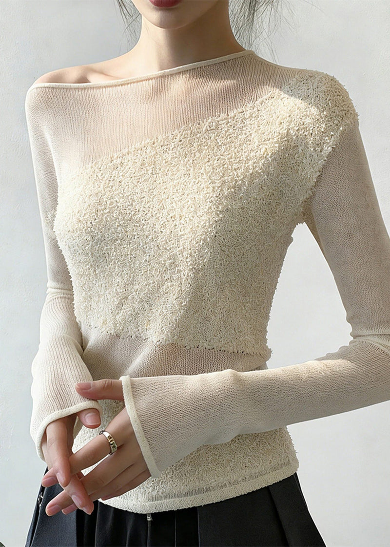 White Cold Shoulder Patchwork Knit Sweaters Spring