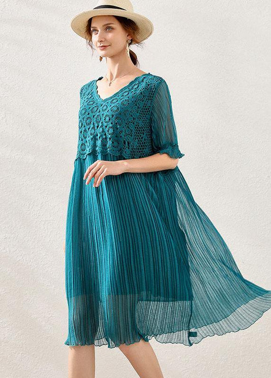 Peacock Blue Chiffon a Line Spring Long Dresses Short Sleeve