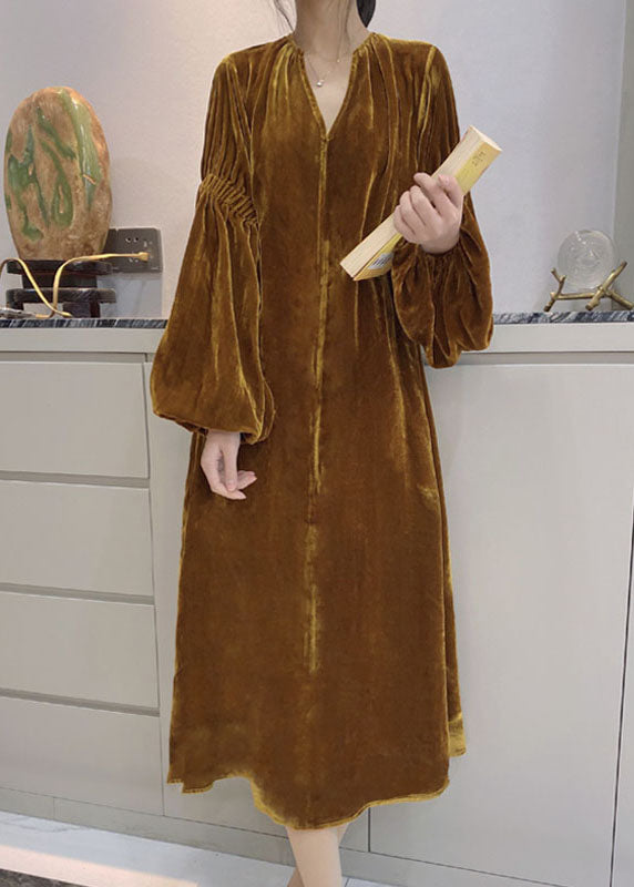 Yellow Puff Sleeve Pockets Velour Dress