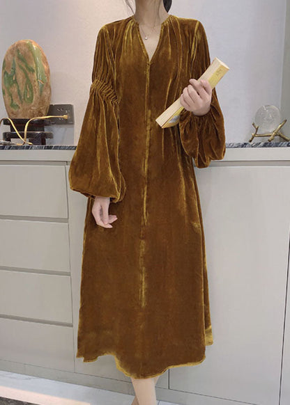 Yellow Puff Sleeve Pockets Velour Dress