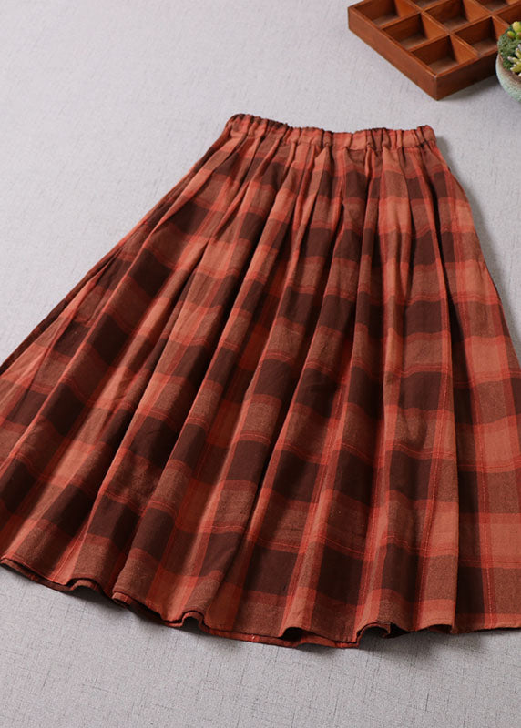 Fine Chocolate Plaid Wrinkled Pockets Cotton Skirt Spring