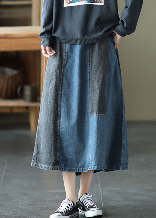 Light Blue Pocket Patchwork a Line Skirt Spring